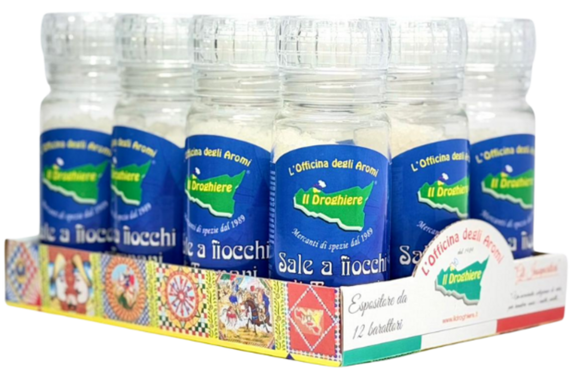 Sale a fiocchi di Trapani in barattolo con tappo "macina"