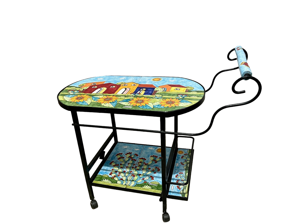 Carrello Bar - casette con girasoli e pale di fichi Nino Parrucca in ferro e ceramica