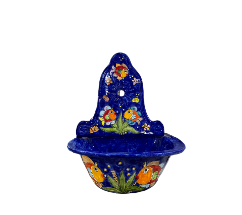 Lavabo con parete Pesci fondo blu elettrico Nino Parrucca in ceramica