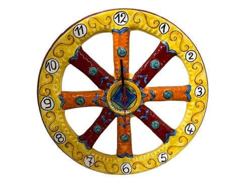 Orologio a ruota di carretto siciliano D.cm.35 Nino Parrucca in ceramica