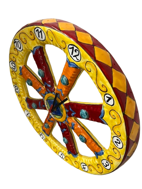 Orologio a ruota di carretto siciliano D.cm.35 Nino Parrucca in ceramica