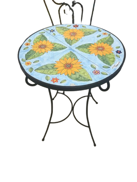 Set tavolo e 2 sedie - Girasoli fondo celeste Nino Parrucca in ferro e ceramica