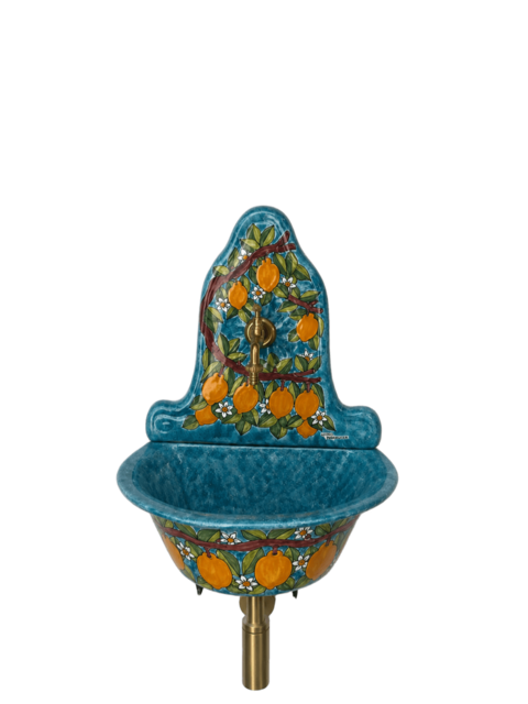 Lavabo con parete - Limoni fondo verde smeraldo Nino Parrucca in ceramica