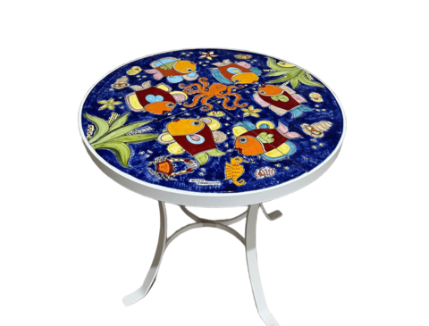Tavolo tondo D.Cm.70 O D.Cm.80 - Fondale Marino blue smalto Nino Parrucca in ferro e ceramica