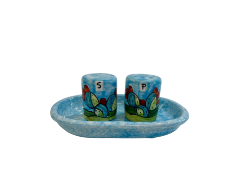 Sale e pepe cilindrico con vassoio - Pale di fichi d'india Nino Parrucca in ceramica