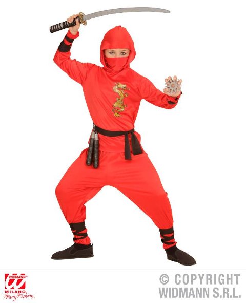 RED DRAGON NINJA (casacca con cappuccio. pantaloni. cintura. mascherina. fasce per braccia e gambe) (158 cm / 11-13 Years) widmann