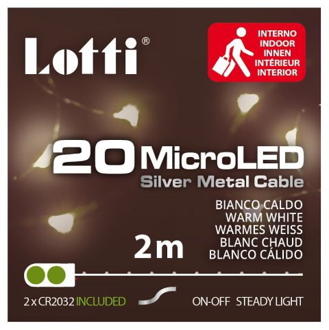 Catena lineare 2m 20 MicroLED BIANCO CALDO DIAM.1,5mm, versione PDQ, Luce Fissa, a Batteria 2xCR2032 3V (incluse), micro porta batterie con selettore On-Off, IP20 uso Interno e Portatile, Cavo Metallo Argento Metal Silver, Dimensioni 2m, Scatola PVC lotti
