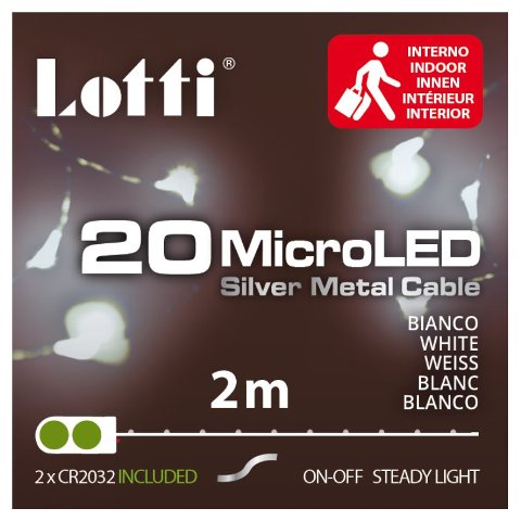 Catena lineare 2m 20 MicroLED BIANCO DIAM.1,5mm, versione PDQ, Luce Fissa, a Batteria 2xCR2032 3V (incluse), micro porta batterie con selettore On-Off, IP20 uso Interno e Portatile, Cavo Metallo Argento Metal Silver, Dimensioni 2m, Scatola PVC color lotti