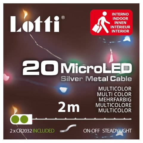 Catena lineare 2m 20 MicroLED MULTICOLOR DIAM.1,5mm, versione PDQ, Luce Fissa, a Batteria 2xCR2032 3V (incluse), micro porta batterie con selettore On-Off, IP20 uso Interno e Portatile, Cavo Metallo Argento Metal Silver, Dimensioni 2m, Scatola PVC co lotti