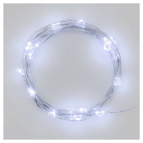 Catena lineare 10m 100 MicroLED BIANCO DIAM.1,5mm, versione PDQ, Luce Fissa, a Batteria 3xAA 1,5V, porta batterie con selettore On-Off, IP20 uso Interno e Portatile, Cavo Metallo Argento Metal Silver, Dimensioni 10m, Scatola PVC color ed espositore P lotti