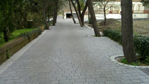 Vialetto creato con il massello autobloccante Vulcania con superficie incerta di colore Antracite e alternata dal bordo in contratso di colore grigio naturale.