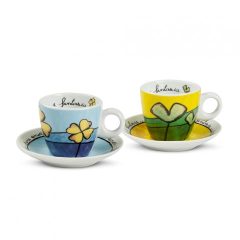 Set 2 tazze caffè con piattino in porcellana decorata Egan PANE AMORE E FANTASIA