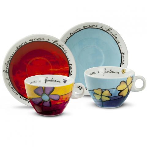 Set 2 tazze cappuccino con piattino in porcellana decorata Egan PANE AMORE E FANTASIA