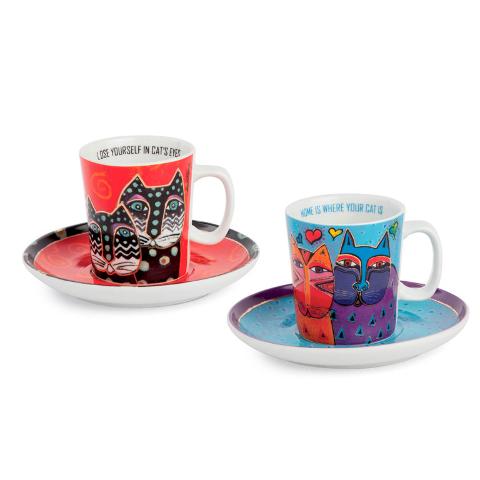 Set 2 tazze caffè con piattino in porcellana decorata Egan LAUREL BURCH FANTASTIC FELINES