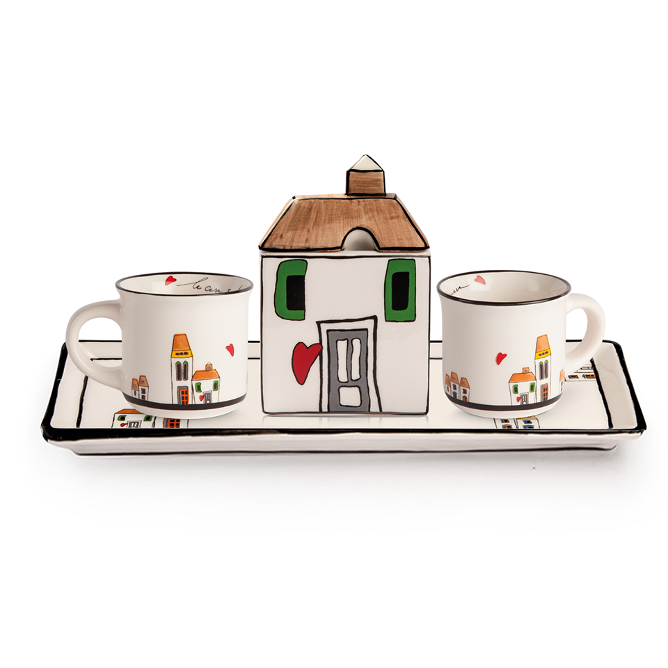 Set 2 tazze da caffe' con vassoietto e zuccheriera in ceramica decorata Egan  LE CASETTE - Bagheria (Palermo)