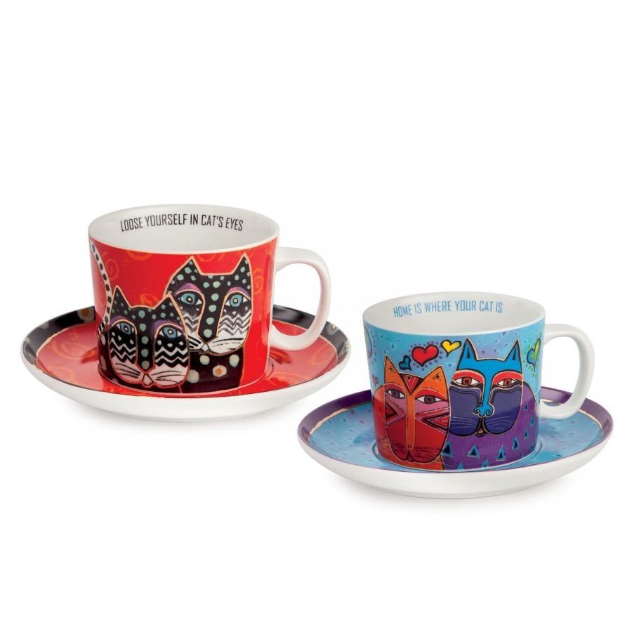 Set 2 tazze cappuccino con piattino in porcellana decorata  Egan LAUREL BURCH FANTASTIC FELINES