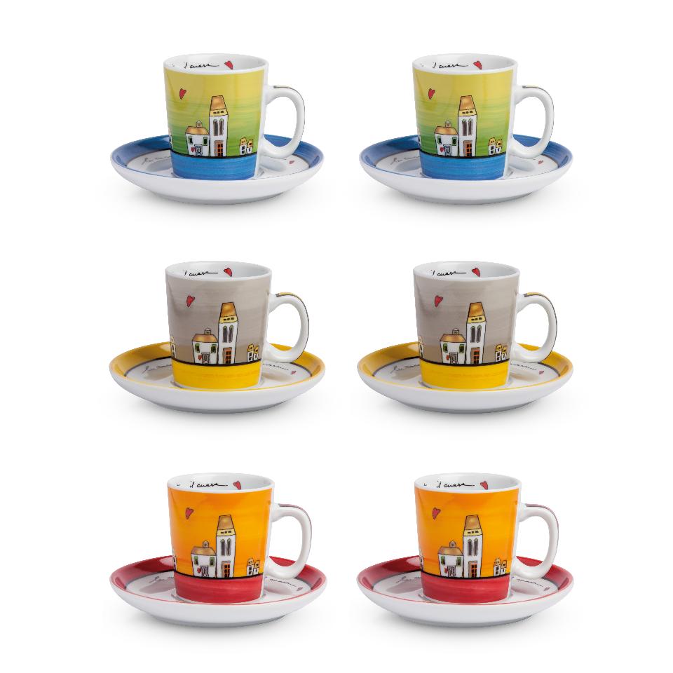 Set 6 tazze caffè con piattino in porcellana decorata Egan LE CASETTE