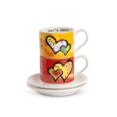 Set 2 tazze caffè impilabili con piattino in porcellana decorata Egan That's amore