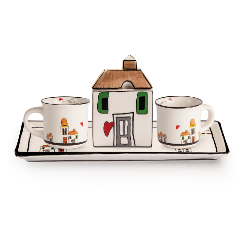 Set 2 tazze da caffe' con vassoietto e zuccheriera in ceramica decorata Egan LE CASETTE