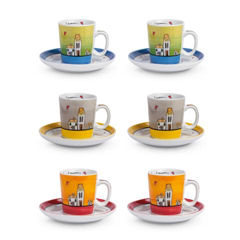 Set 6 tazze caffè con piattino in porcellana decorata  Egan LE CASETTE