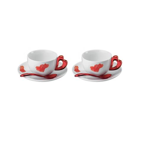 Set 2 tazze cappuccino con piattini in porcellana e cucchiaini in plastica Guzzini LOVE