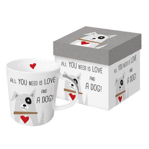 Tazza Mug in porcellana New Bone China decorata ppd ALL YOU NEED IS LOVE AND A DOG