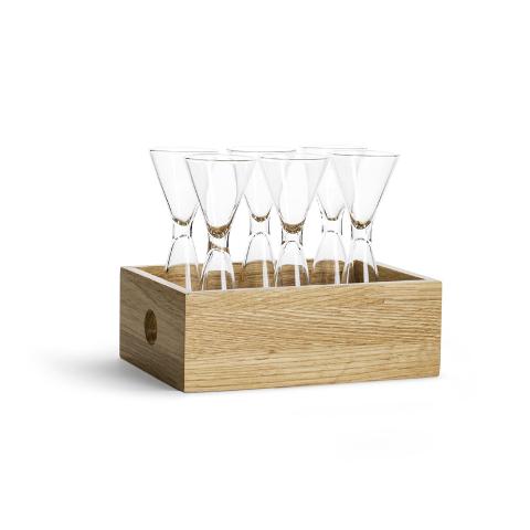 Set 6 bicchierini grappa in vetro con vassoio/box in legno Sagaform 7 PEZZI