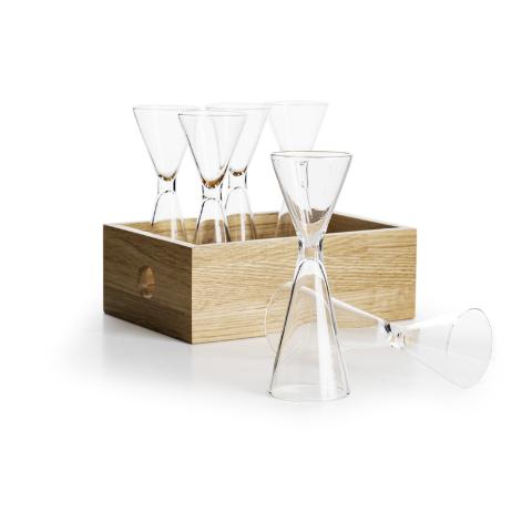 Set 6 bicchierini grappa in vetro con vassoio/box in legno Sagaform 7 PEZZI