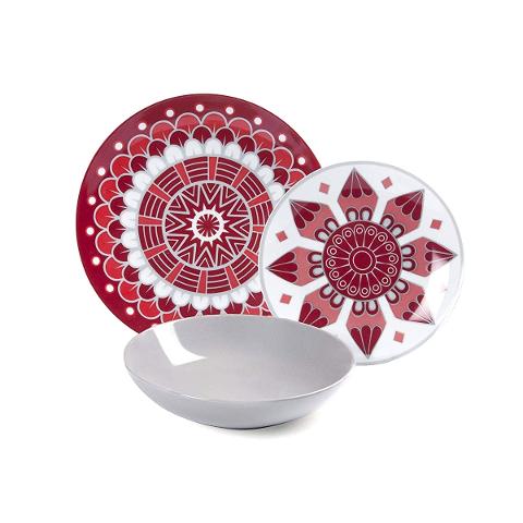 Servizio 18 pz piatti in porcellana decorata Excelsa MANDALA RED