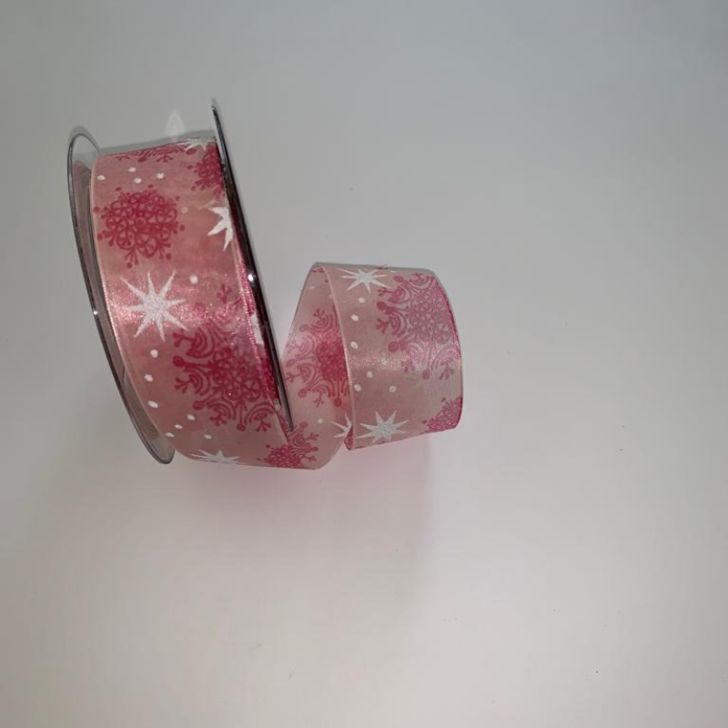 Nastro di Natale con decoro Albero Natale con filo metallico Nastro Arti e Grafica Fantasia colore rosa con Stelle e Fiocchi a Rilievo 40 mm