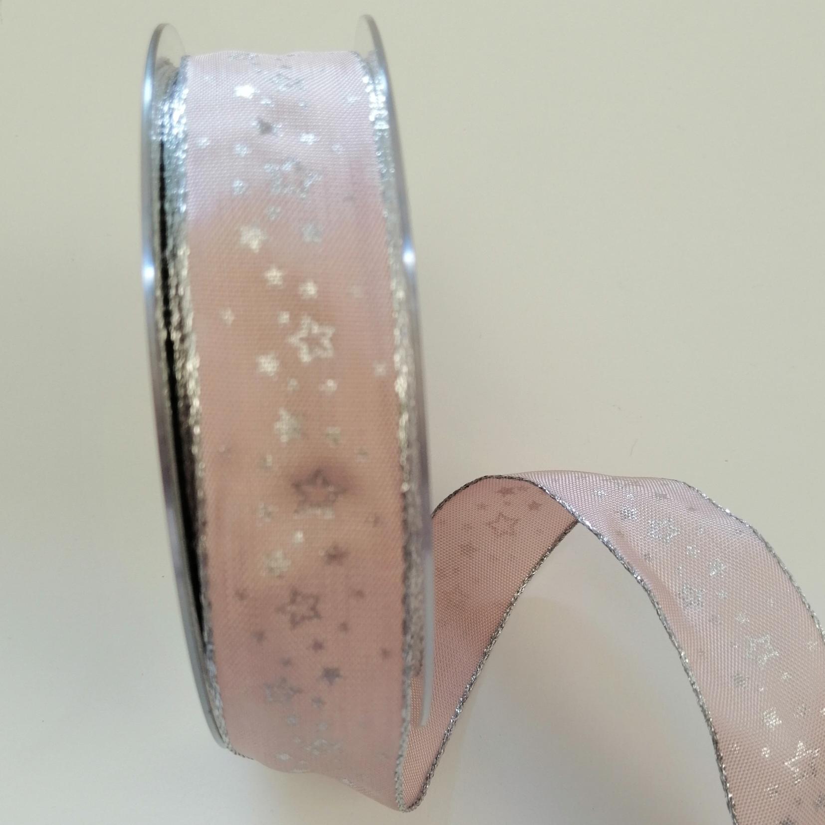 Nastro di Natale con decoro stelline argento con filo metallico pbs fondo rosa chiaro 25mm