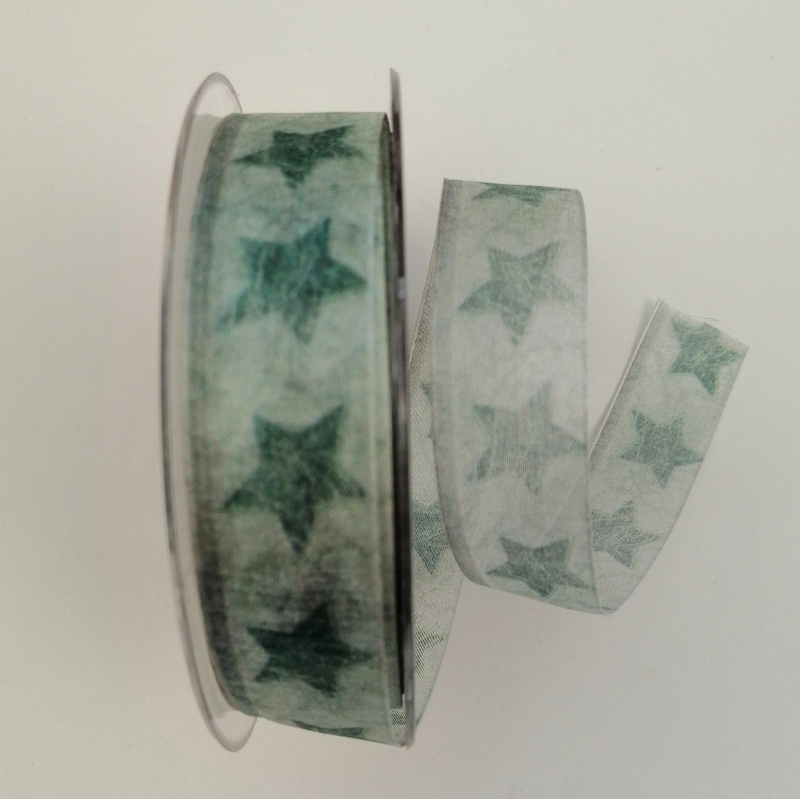 Nastro di Natale con decoro stelle verde scuro pbs fondo verde chiaro melage 25mm