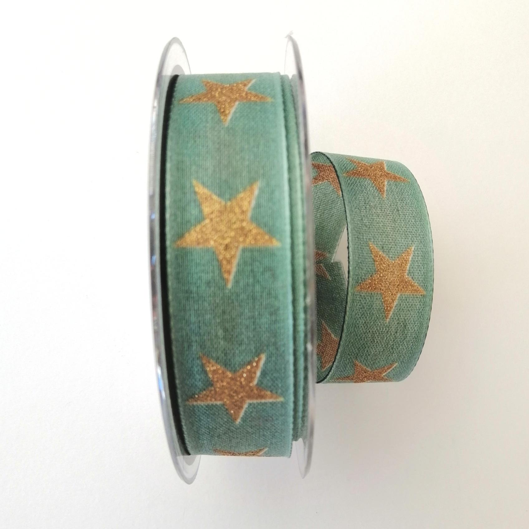 Decoro stelle dorate pbs fondo verde 25mm con rinforzo con filo di nylon