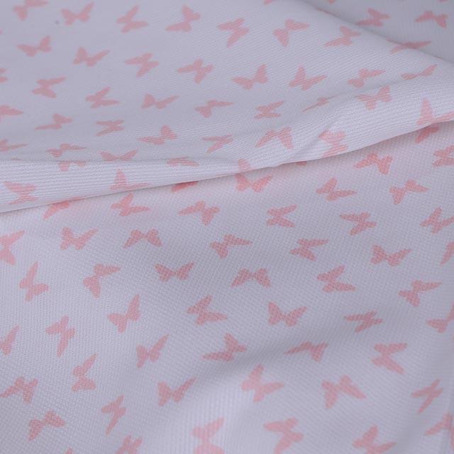 Tessuto rigatino bianco con piccoli  farfalle rosa Stafil cm 150 x 50