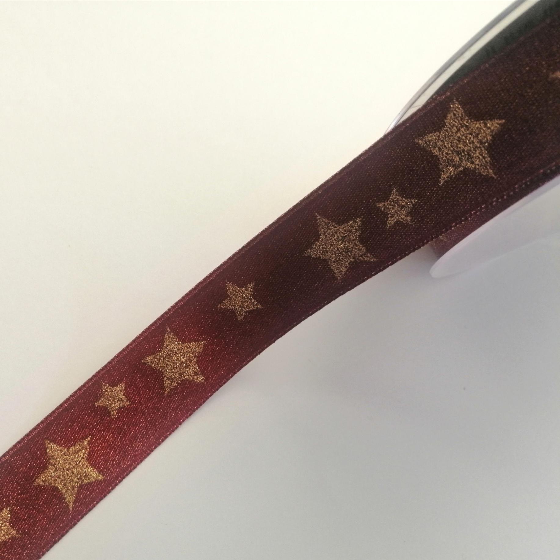 nastro raso bordeaux con stelle oro Goldina 25mm x 1mt - Nastri