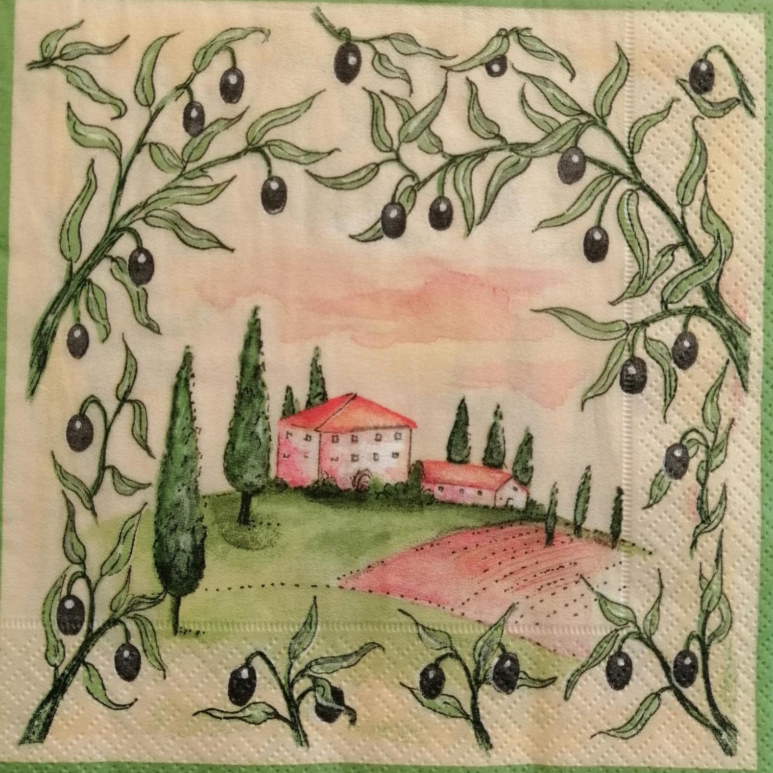 tovaglioli per decoupage cascina con olive arti e grafica busta da 2 pezzi 33 x 33 cm