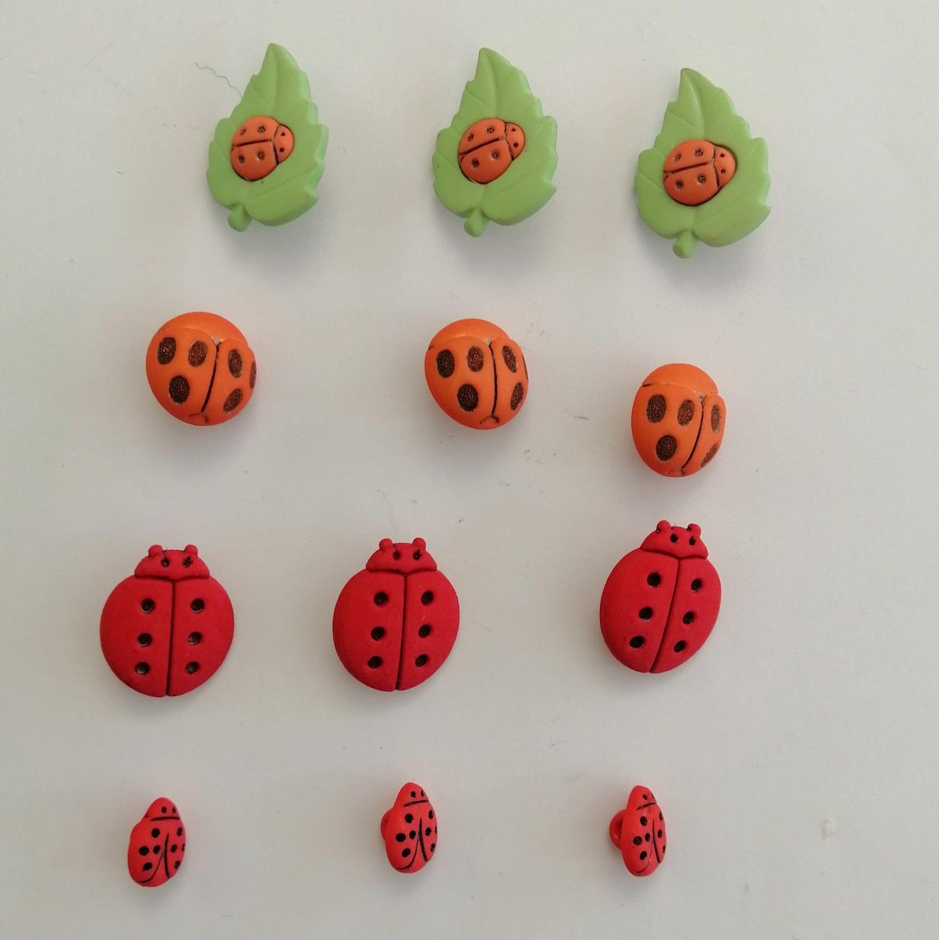 Bottoni decorativi in resina a forma di coccinelle e foglie Stafil busta da 12 pezzi 2.5 cm circa