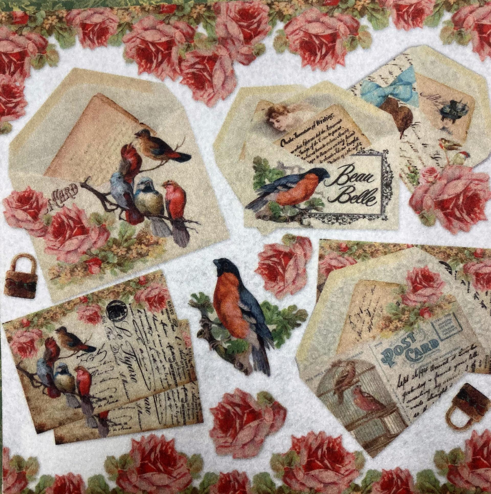 Feltro stampato rose e uccellini stamperia 30x30