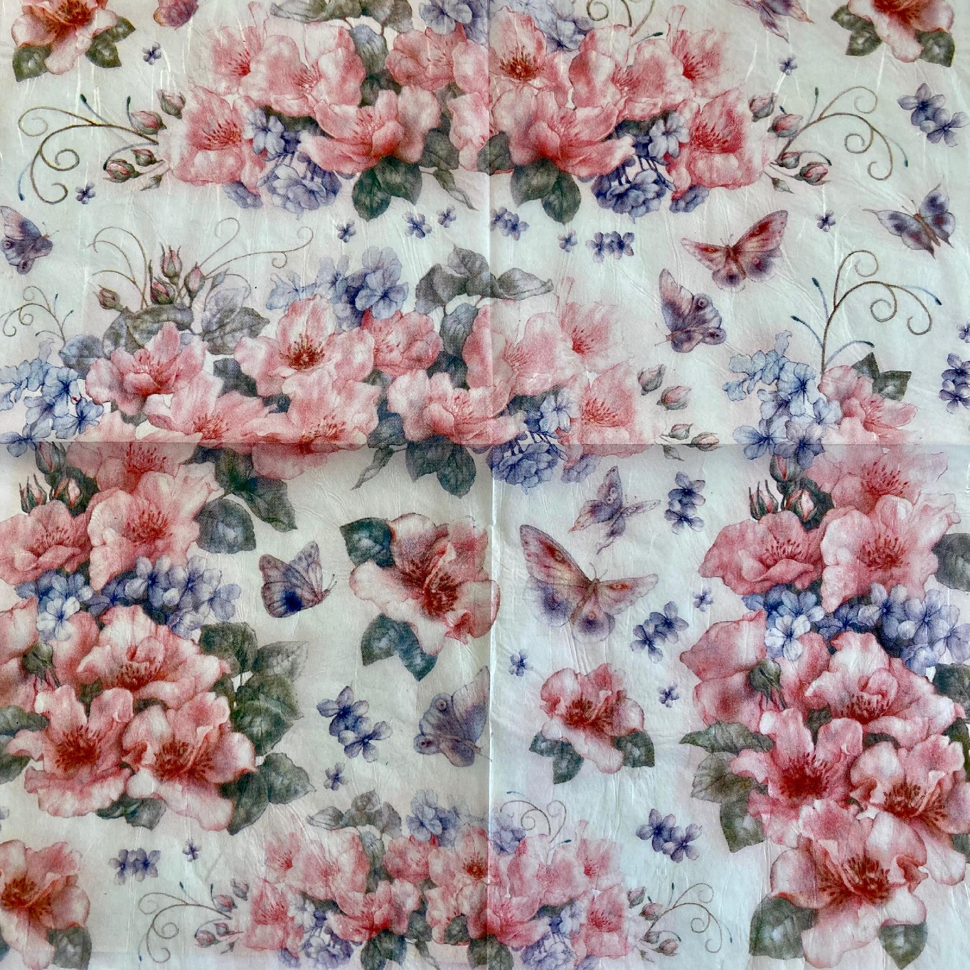 Tovagliolo in carta riso - Fiori rosa, violae farfalle stamperia 50 x 50 cm