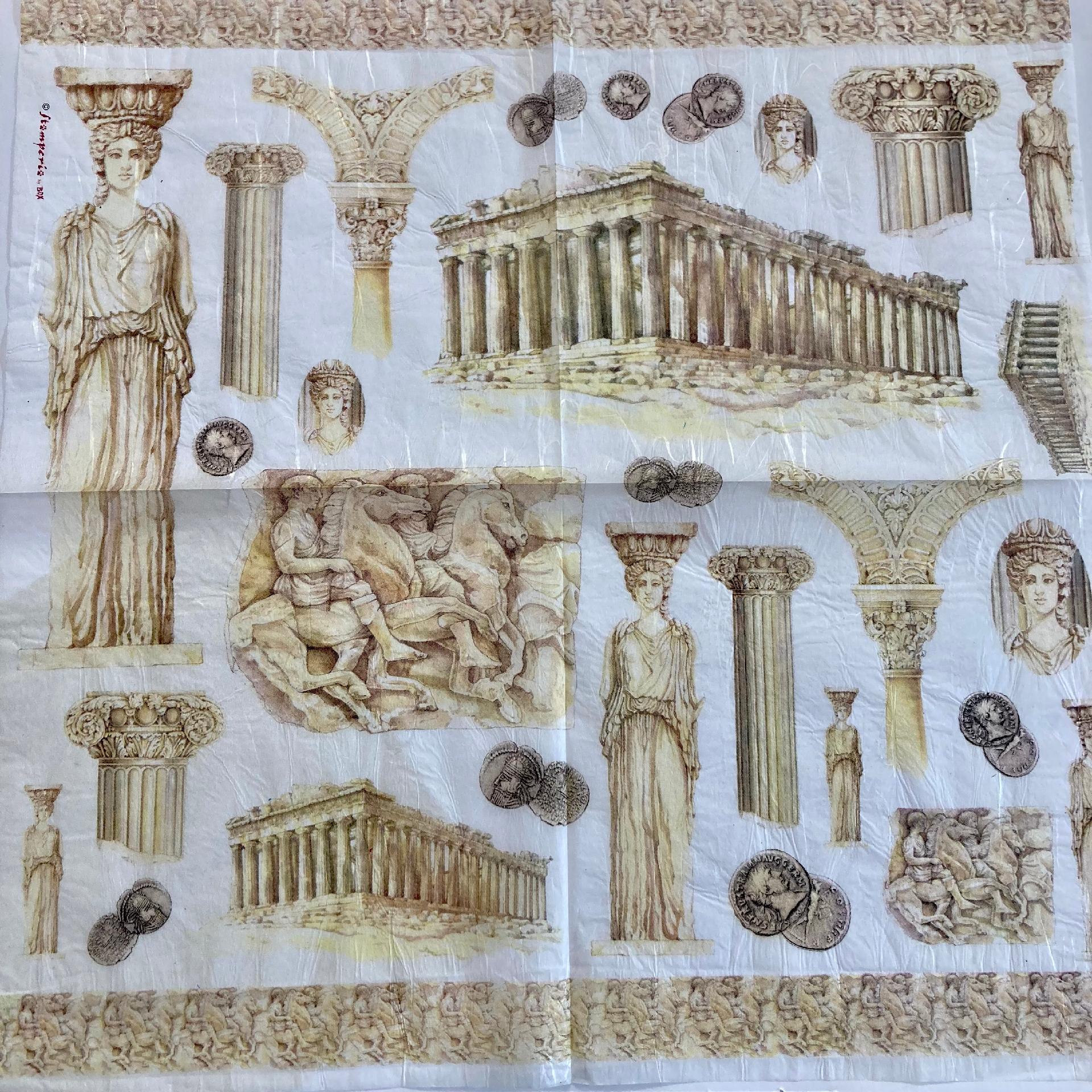 Tovagliolo in carta riso - Templi greci con cariatidi e monete stamperia 50 x 50 cm