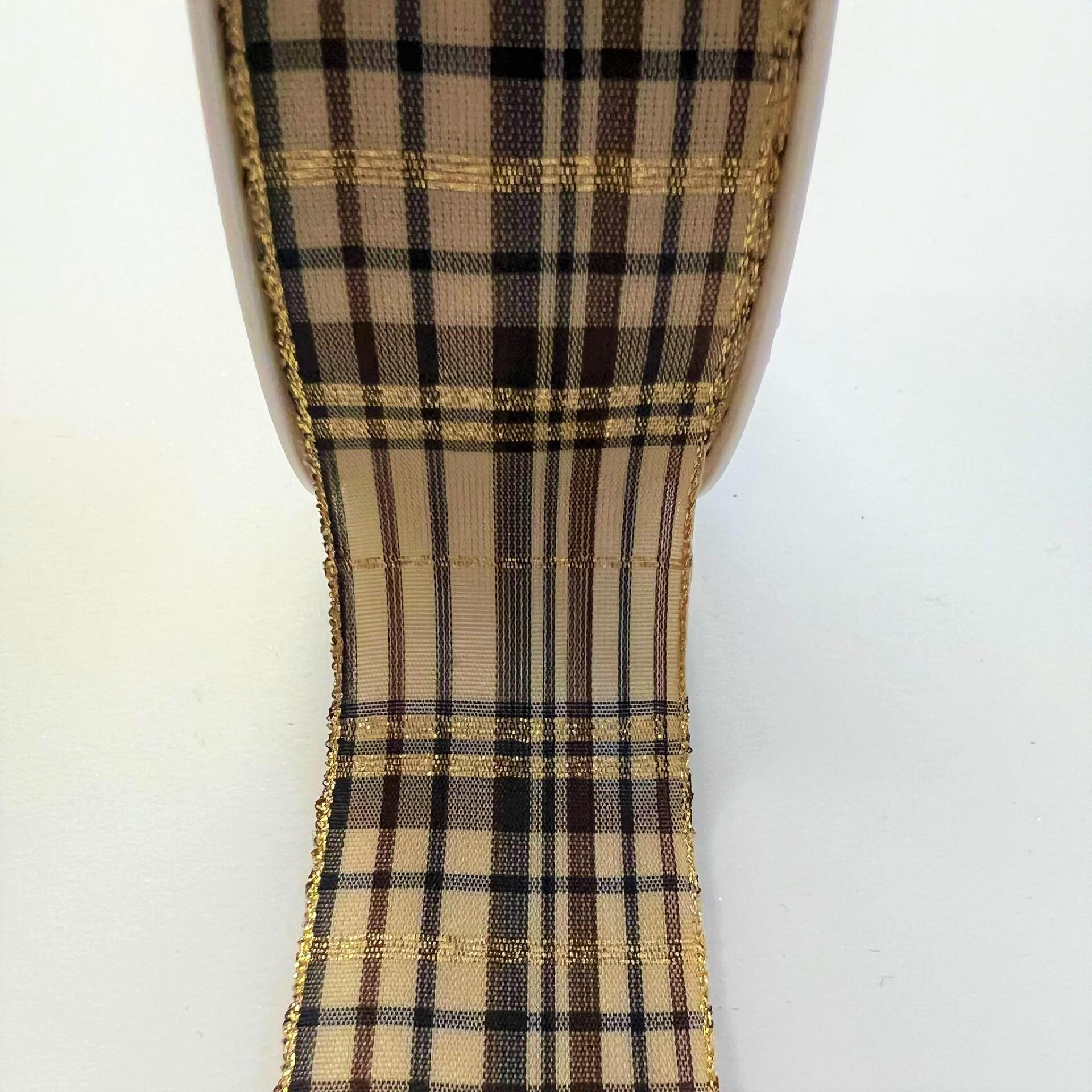 nastro scozzese beige marrone e oro Goldina 40 mm x 1 metro