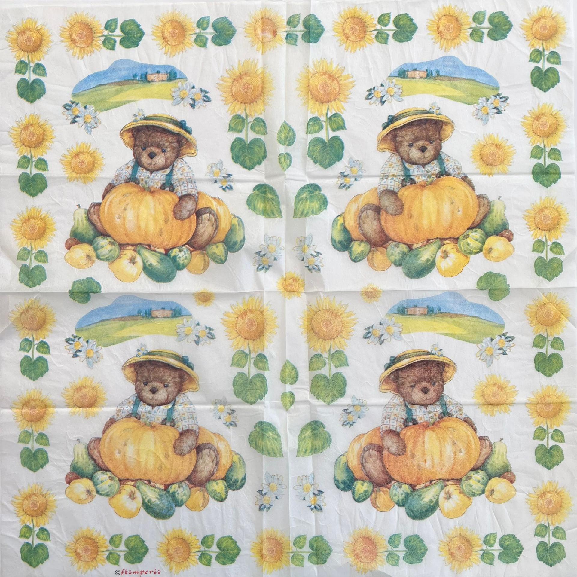Tovagliolo in carta riso - Orsetto con zucca e girasole stamperia 50 x 50 cm