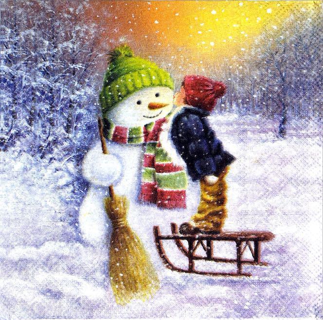 Tovagliolo per decoupage natalizio con Pupazzo di neve e Bimbo 351n busta 2 pz da 33x33