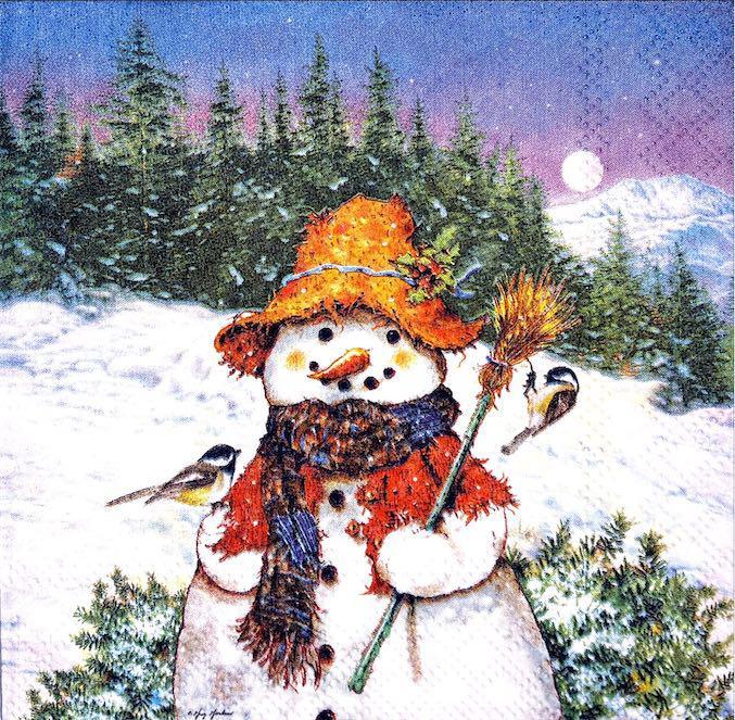 Tovaglioli per decoupage natalizio con Pupazzo di Neve e uccellini arti e grafica busta 2 pz da 25x25