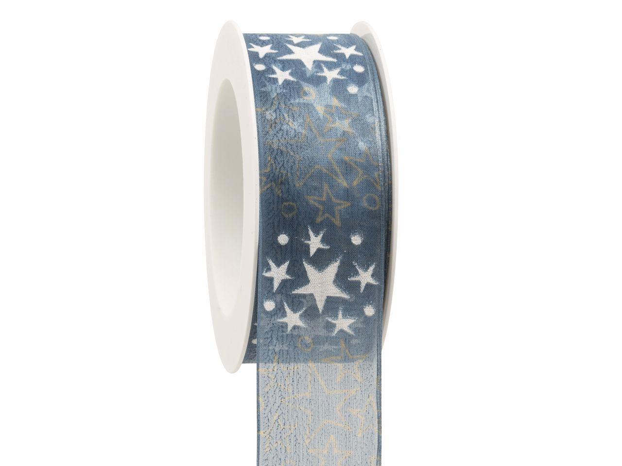 Nastro fondo celeste con stelline bianche e oro Goldina 40 mm x 1 mt
