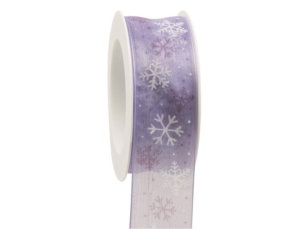Copia di Nastro fondo lilla con fiocchi di neve bianchi e lavanda Goldina 40 mm x 1 mt
