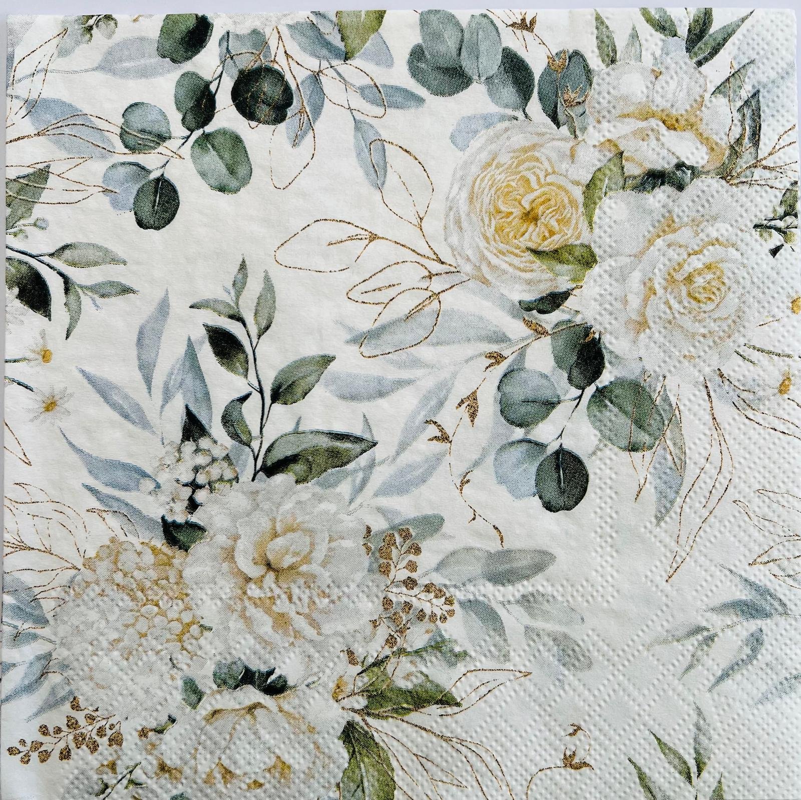 Tovaglioli per decoupage - rose bianche e foglie verde salvia arti e grafica busta da 2 pezzi 33x33 cm
