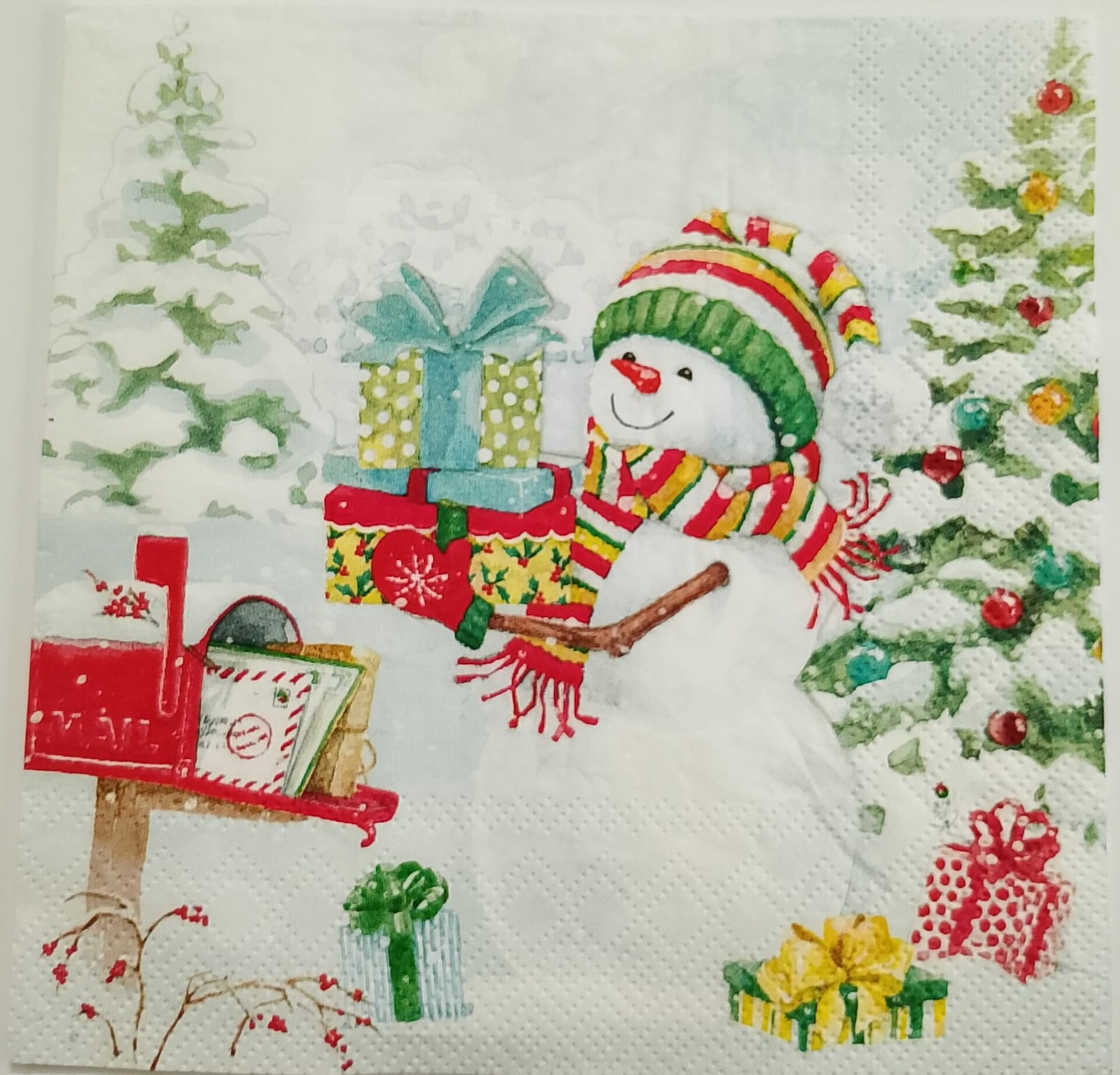 tovaglioli per decoupage pupazzo di neve con doni ambiente busta da 2 pezzi 33x33