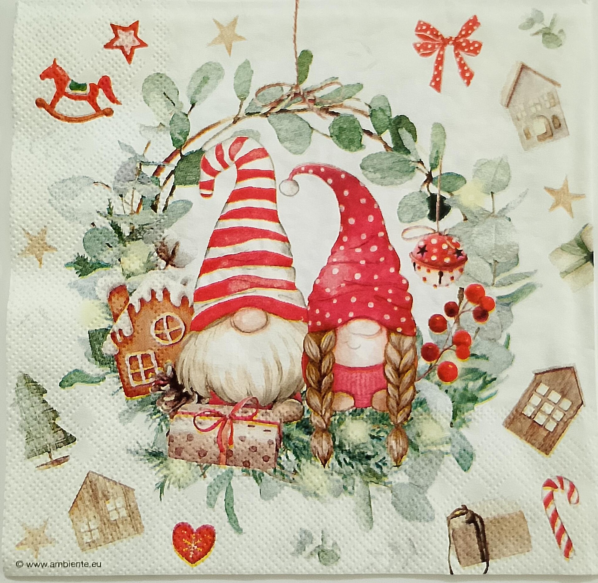 tovaglioli per decoupage  coppia di gnomi con doni arti e grafica busta da 2 pezzi 33x33
