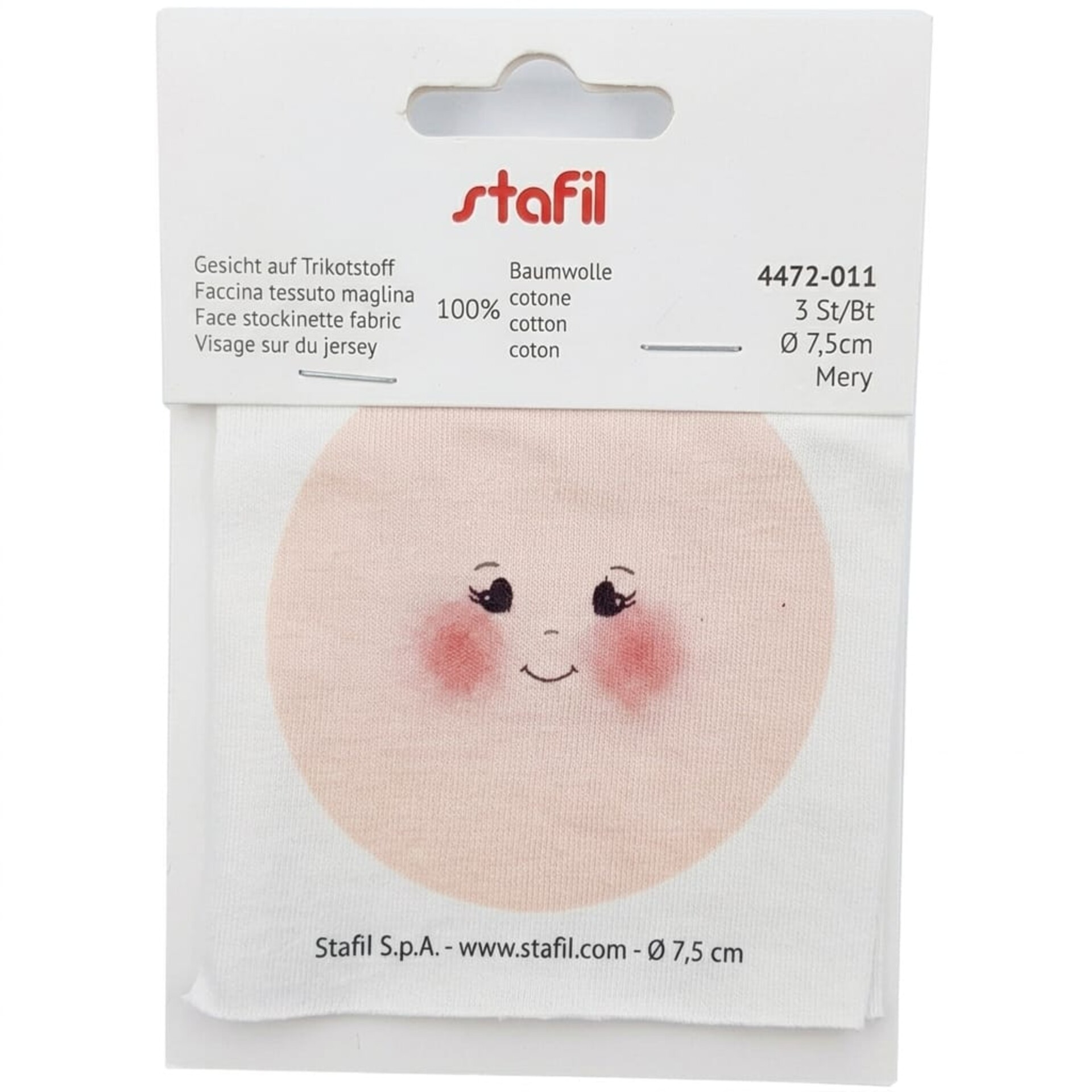 faccina tessuto in maglina con occhi a cuoricino diametro 7,5cm Stafil busta da 3 pezzi